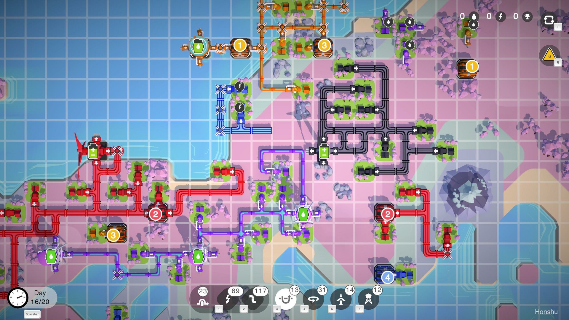 Tiny Connections in play: coloured pipe networks linking houses to water, power and resource buildings across a gridded island.