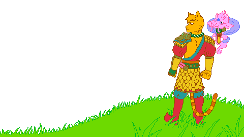 Charlie, an armoured cat, on a hill above a pixel-art river valley: the start screen of Yarn Knight.